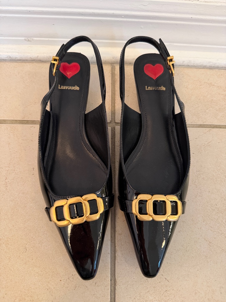 Larroude Black Patent Slingback Flats With Gold Buckle